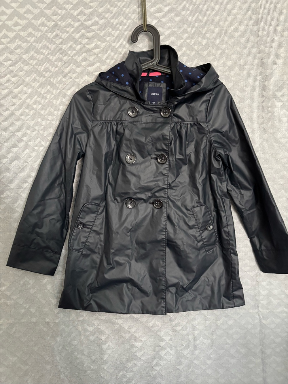 GAP Navy Blue Double-Breasted Hooded Raincoat with Polka Dot Cotton Lining